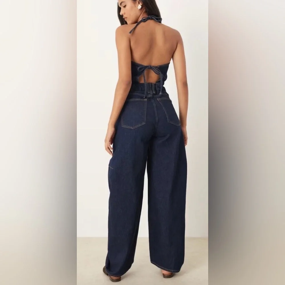 RARE Abercrombie & Fitch Dark Blue barrel-Leg Women's dark wash halter jumpsuit - Picture 2 of 7